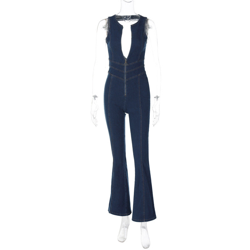 Summer Chic Backless High-Waist Denim Jumpsuit for Women - Slim Fit Retro Style-Slay Eclectic