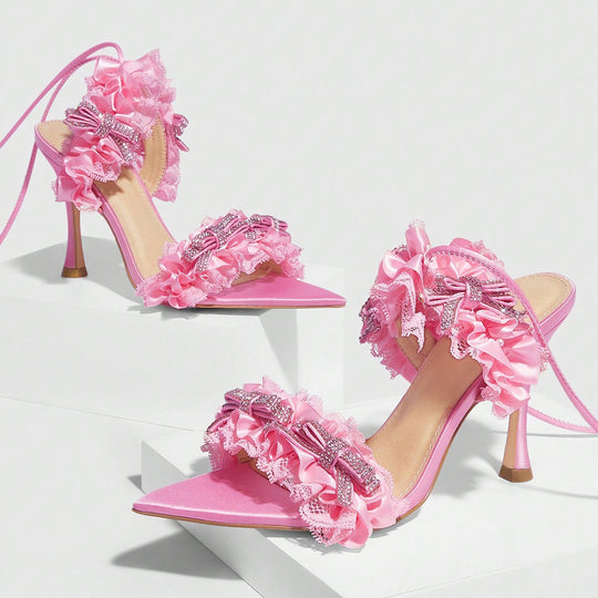 Mach Pink Lace up Stiletto Heel Pointed Sandals 8.5cm Heels Bowknot Women Shoes