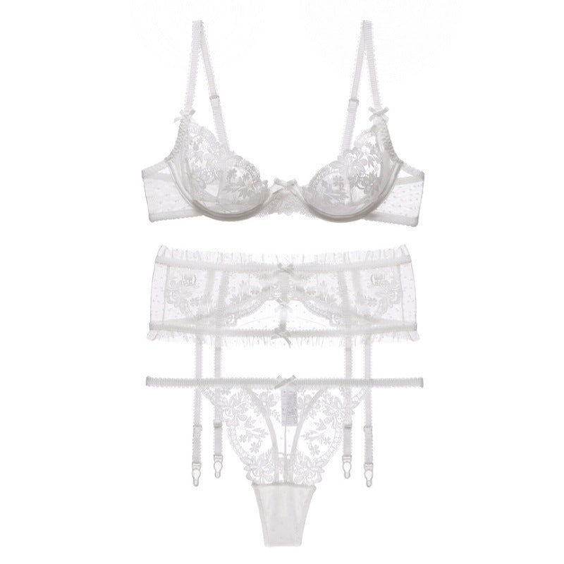 Lace Elegance: Ultra-Thin Floral Embroidered Cutout Bra and Garter Panty Set