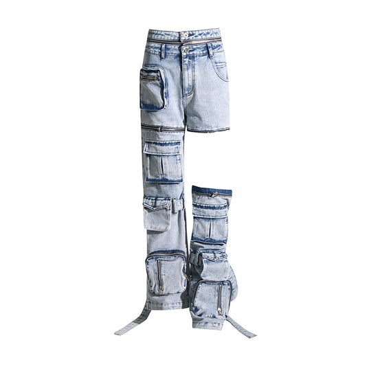 Women's High-Waist Denim Straight Leg Trousers with Patchwork Pockets-Slay Eclectic