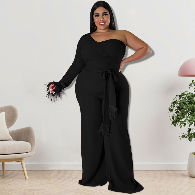 Flare Goddess Plus Size Belted Couture Jumpsuit - Black