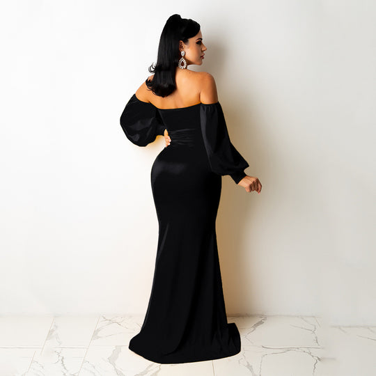 Elegant Off-Shoulder Maxi Dress for Women - Sexy Solid Color Nightclub Style