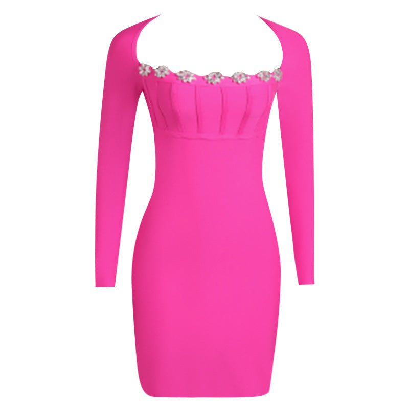 Square Collar Bandage Mini Dress - Pink