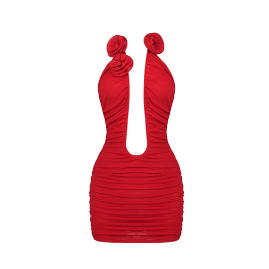 Red Floral 3D Cutout Strapless Bodycon Dress with Pleated Mesh Detail-Slay Eclectic