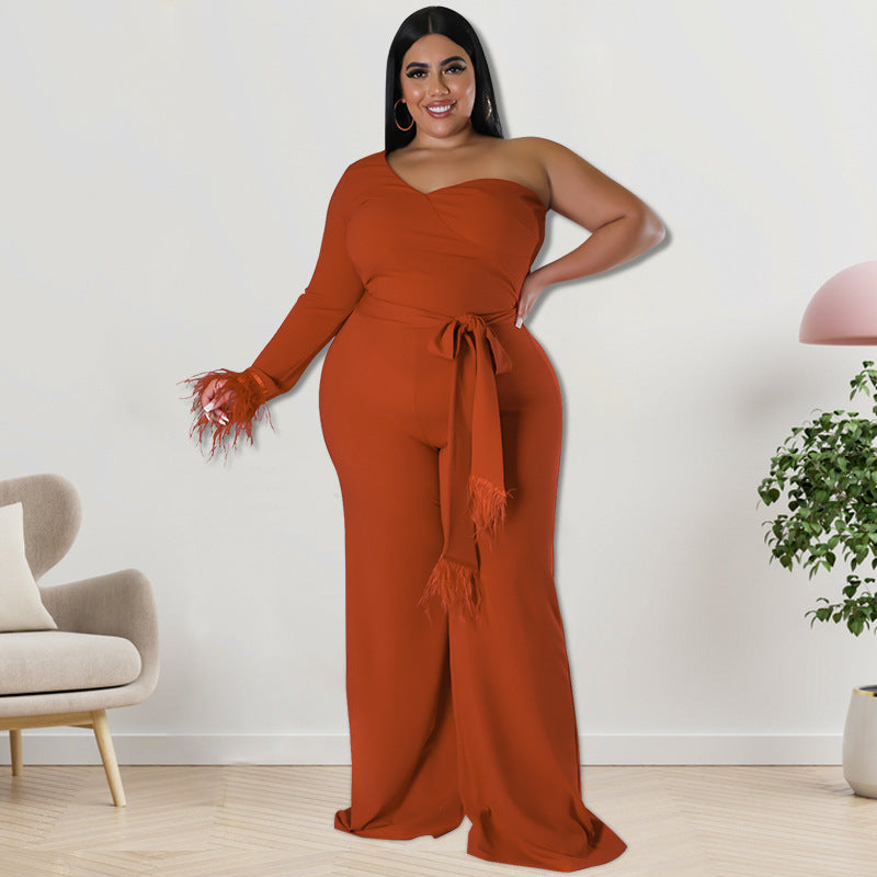 Flare Goddess Plus Size Belted Couture Jumpsuit - Brown