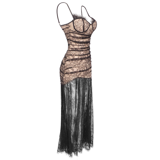 Elegant Black Floral Lace Maxi Dress with Spaghetti Straps for Women