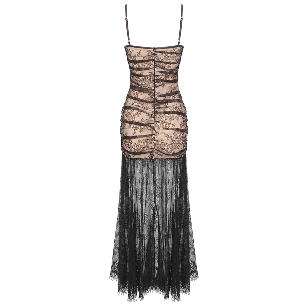 Elegant Black Floral Lace Maxi Dress with Spaghetti Straps for Women