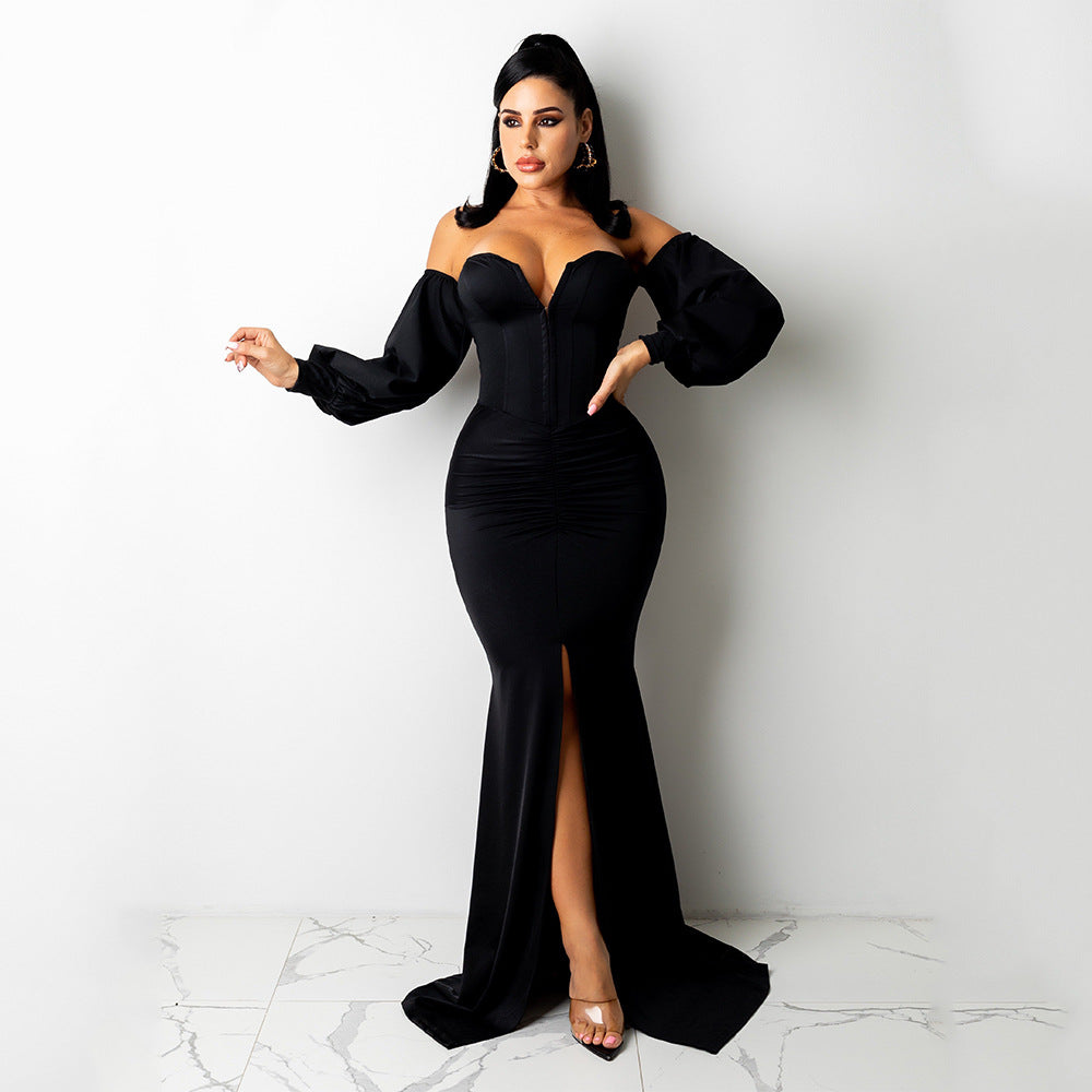 Elegant Off-Shoulder Maxi Dress for Women - Sexy Solid Color Nightclub Style