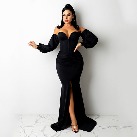 Elegant Off-Shoulder Maxi Dress for Women - Sexy Solid Color Nightclub Style