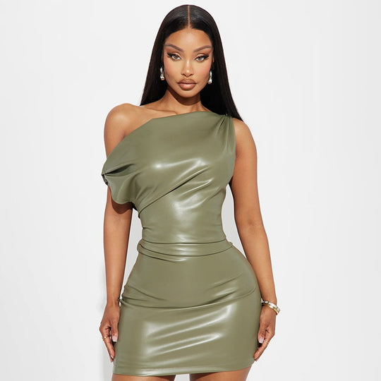 Asymmetrical Faux Leather Bodycon Dress for Women - Perfect for Nightclubs and Parties