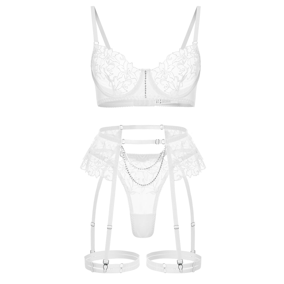 Luxe Floral Lace Chain-Embellished Bra and Panty Set