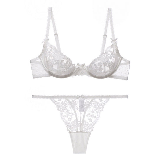 Lace Elegance: Ultra-Thin Floral Embroidered Cutout Bra and Garter Panty Set