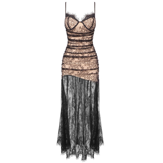 Elegant Black Floral Lace Maxi Dress with Spaghetti Straps for Women