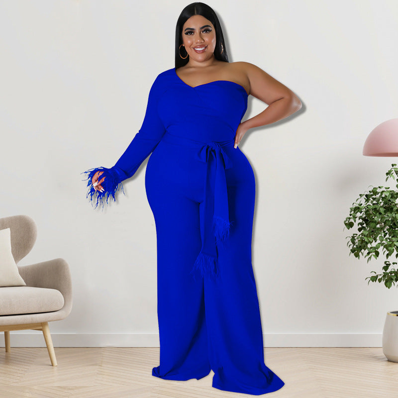 Flare Goddess Plus Size Belted Couture Jumpsuit - Blue