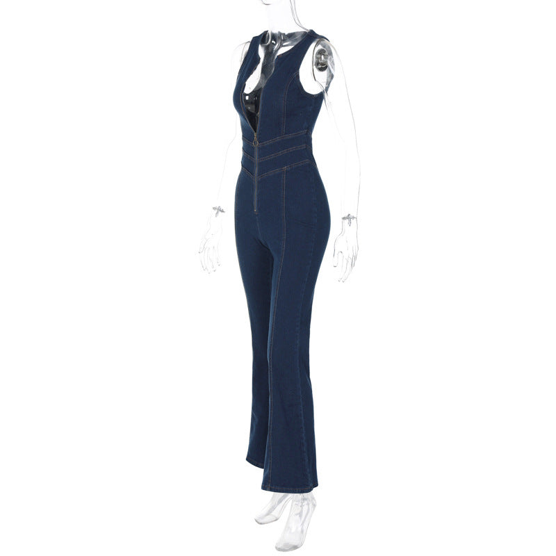 Summer Chic Backless High-Waist Denim Jumpsuit for Women - Slim Fit Retro Style-Slay Eclectic