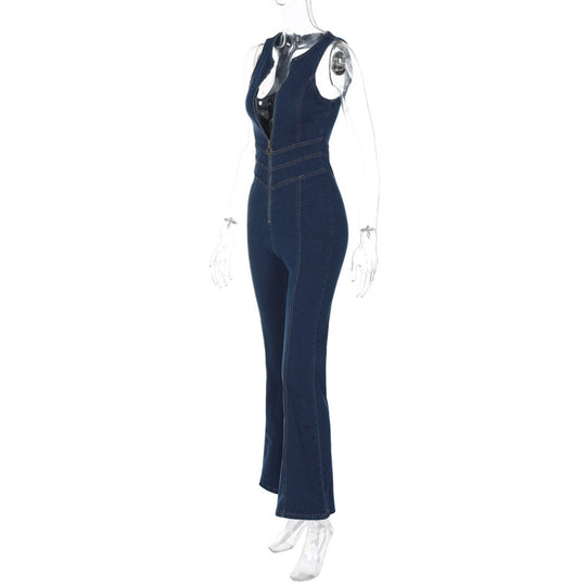 Summer Chic Backless High-Waist Denim Jumpsuit for Women - Slim Fit Retro Style-Slay Eclectic