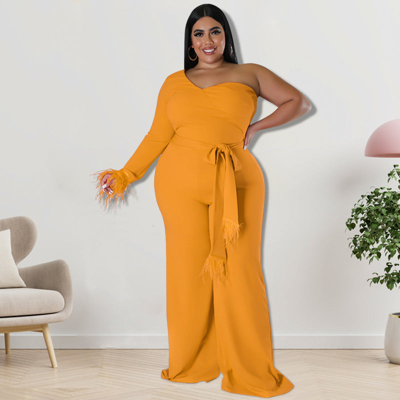 Flare Goddess Plus Size Belted Couture Jumpsuit - Orange