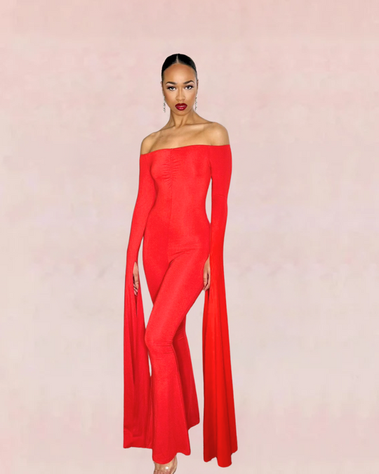 Off-Neck Skinny Jumpsuit - Red