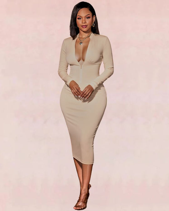 Pursuit Chic Bodycon Midi Dress - Beige