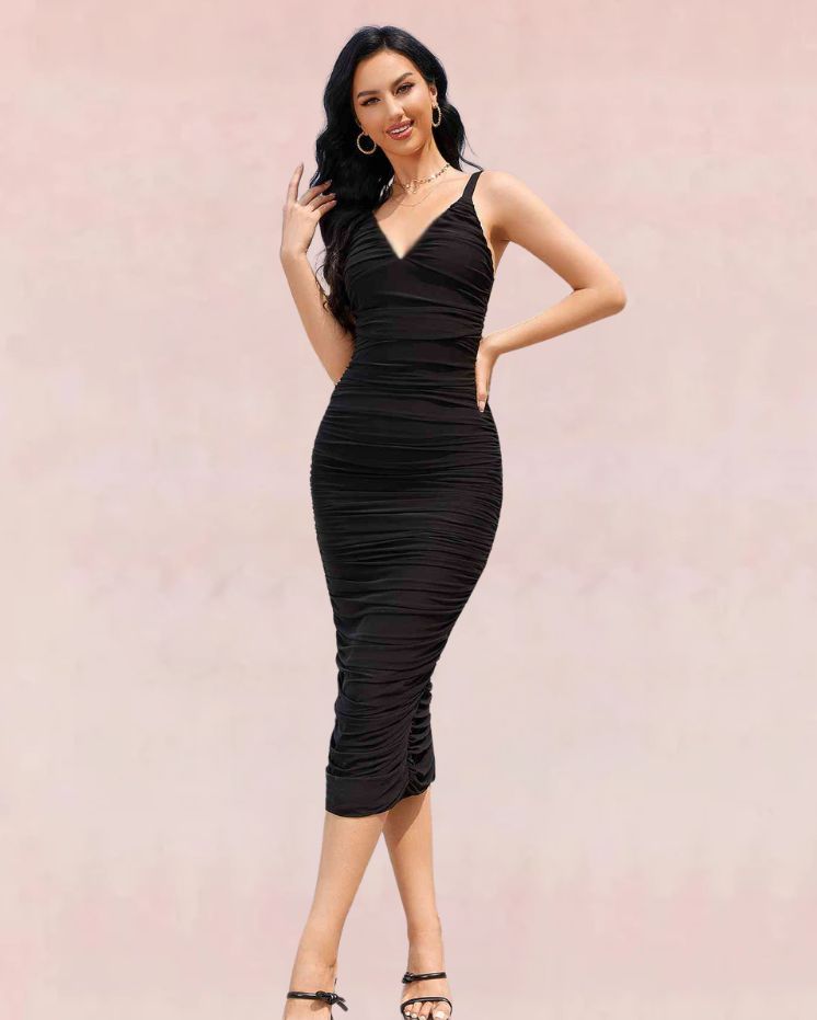 Ruched Bodycon Midi Dress - Black