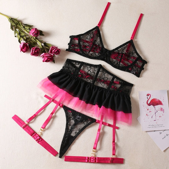 Neon Bloom Lace Ruffle Floral Lingerie Set