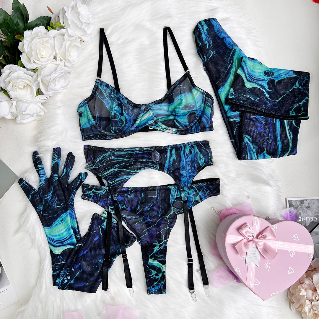 Sensational Strokes 5-Piece Tie Dye Lingerie With Stockings