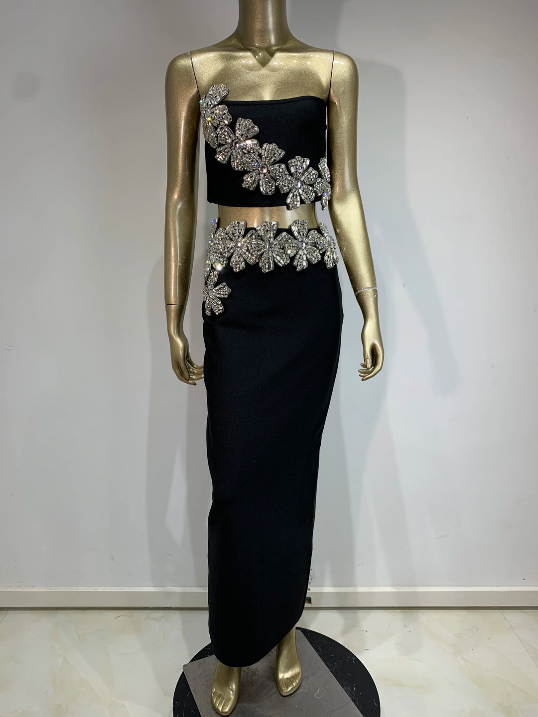 Women Sexy Strapless Flower Diamonds Crystal Black Maxi Long Bandage Skirt Set 2024 Knitted Elegant Evening Club Party Clothing