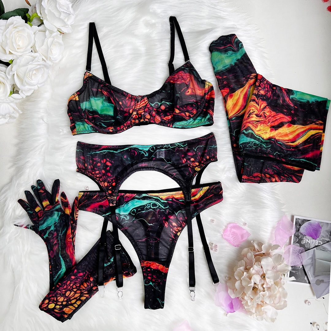 Sensational Strokes 5-Piece Tie Dye Lingerie With Stockings