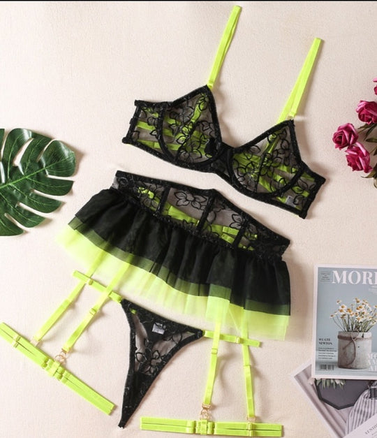 Neon Bloom Lace Ruffle Floral Lingerie Set