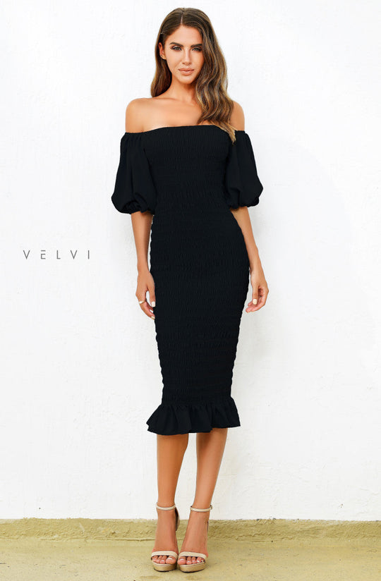 Skyla Shirred Midi Dress - BLACK