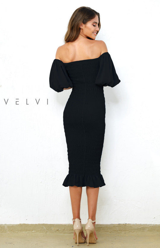 Skyla Shirred Midi Dress - BLACK