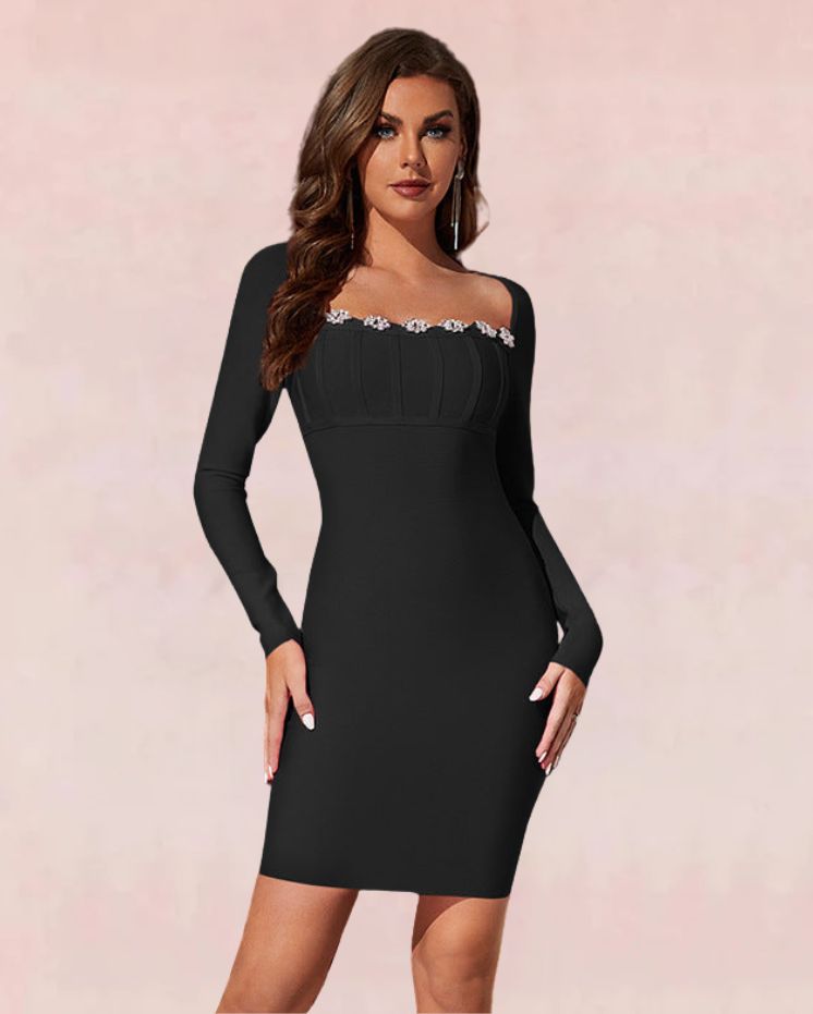 Square Collar Bodycon Mini Dress - Black