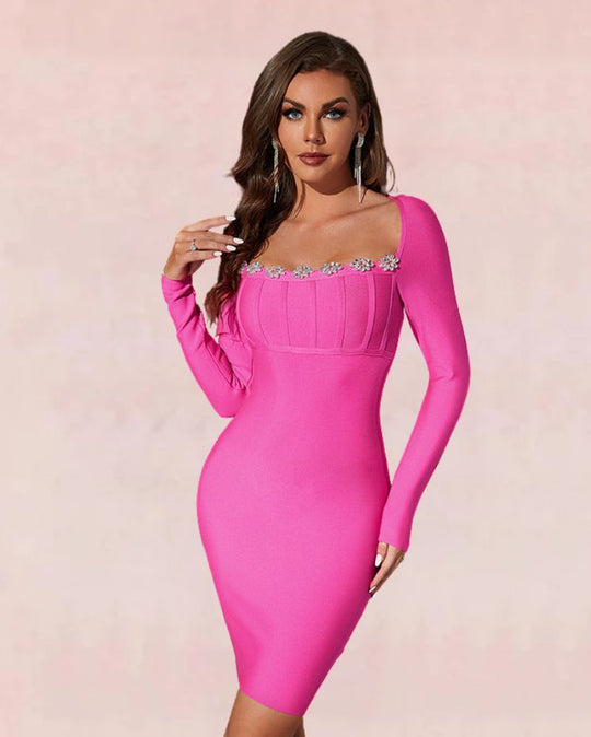 Square Collar Bandage Mini Dress - Pink