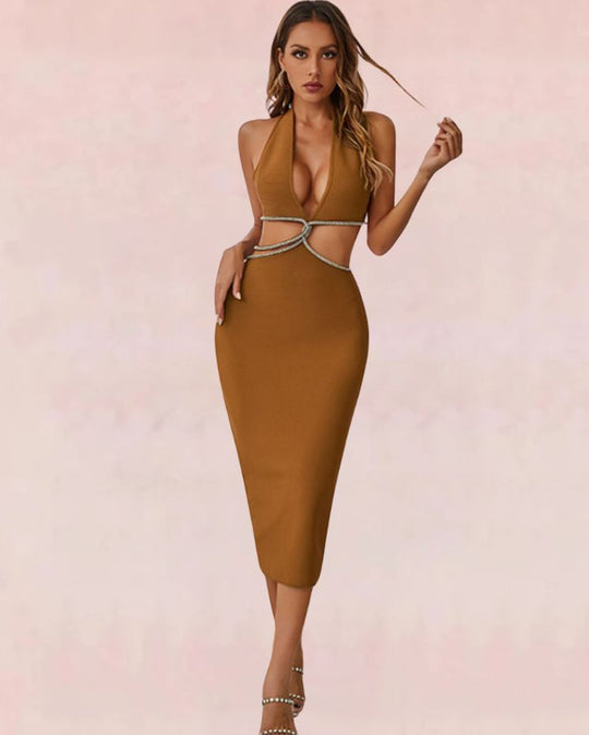 Starry Glam Bandage Midi Dress - Brown