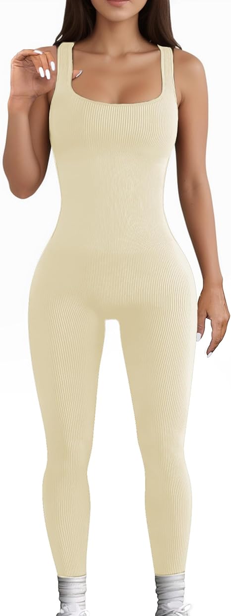 Yoga Ribbed One-Piece Square Neck Jumpsuit - Beige