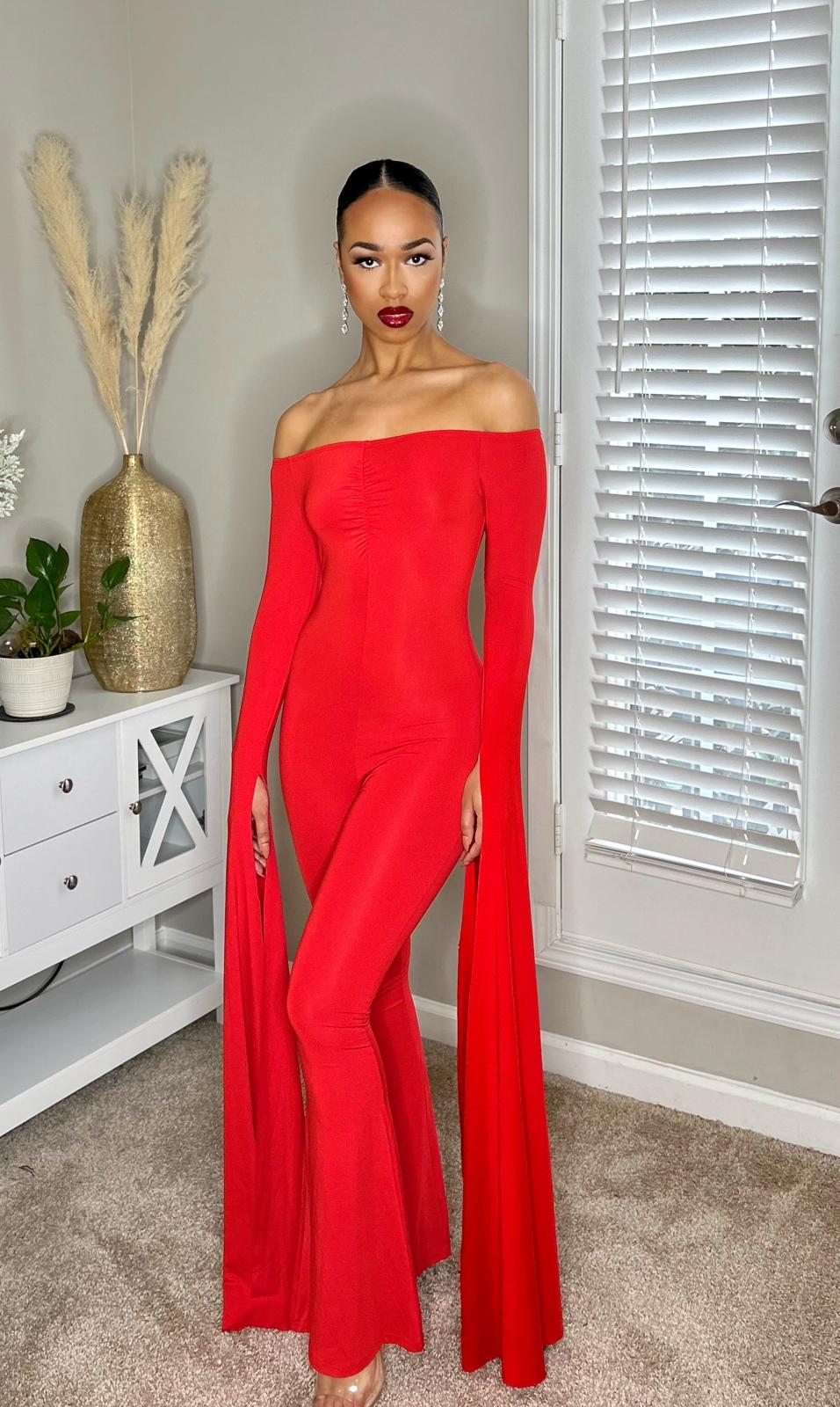 Off-Neck Skinny Jumpsuit - Red