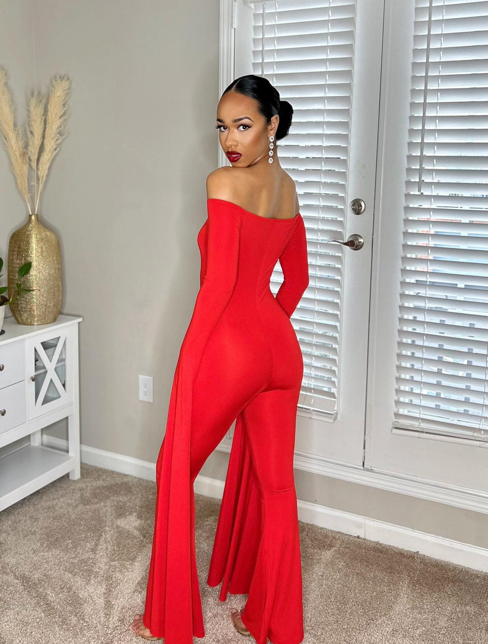 Off-Neck Skinny Jumpsuit - Red
