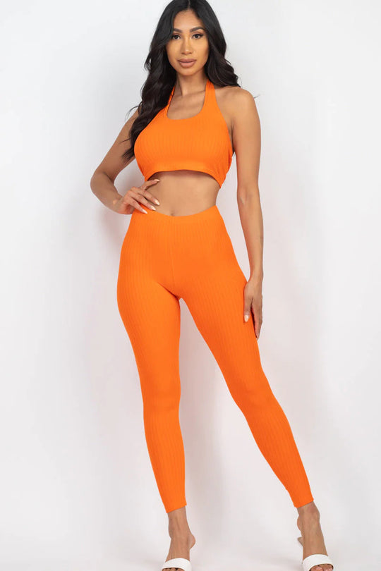 Chic Ribbed Halter Neck Crop & Leggings Ensemble (CAPELLA)-Slay Eclectic