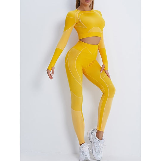 Women'S Activewear Set Workout Sets Winter 2 Piece Cropped Stripes Leggings Crop Top Yellow Pink Spandex Yoga Fitness Gym Workout Tummy Control Butt Lift Breathable Sport Activewear Stretchy