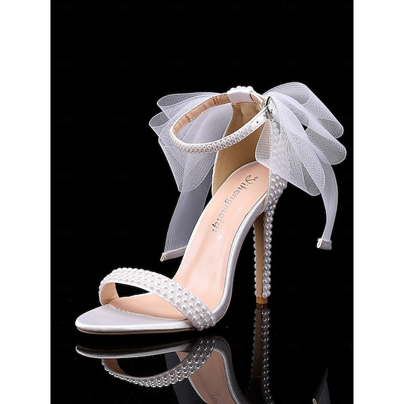 Women'S White Pearl Embellished Wedding Heels with Bow and Ankle Strap – Elegant Bridal Shoes for Weddings and Formal Events