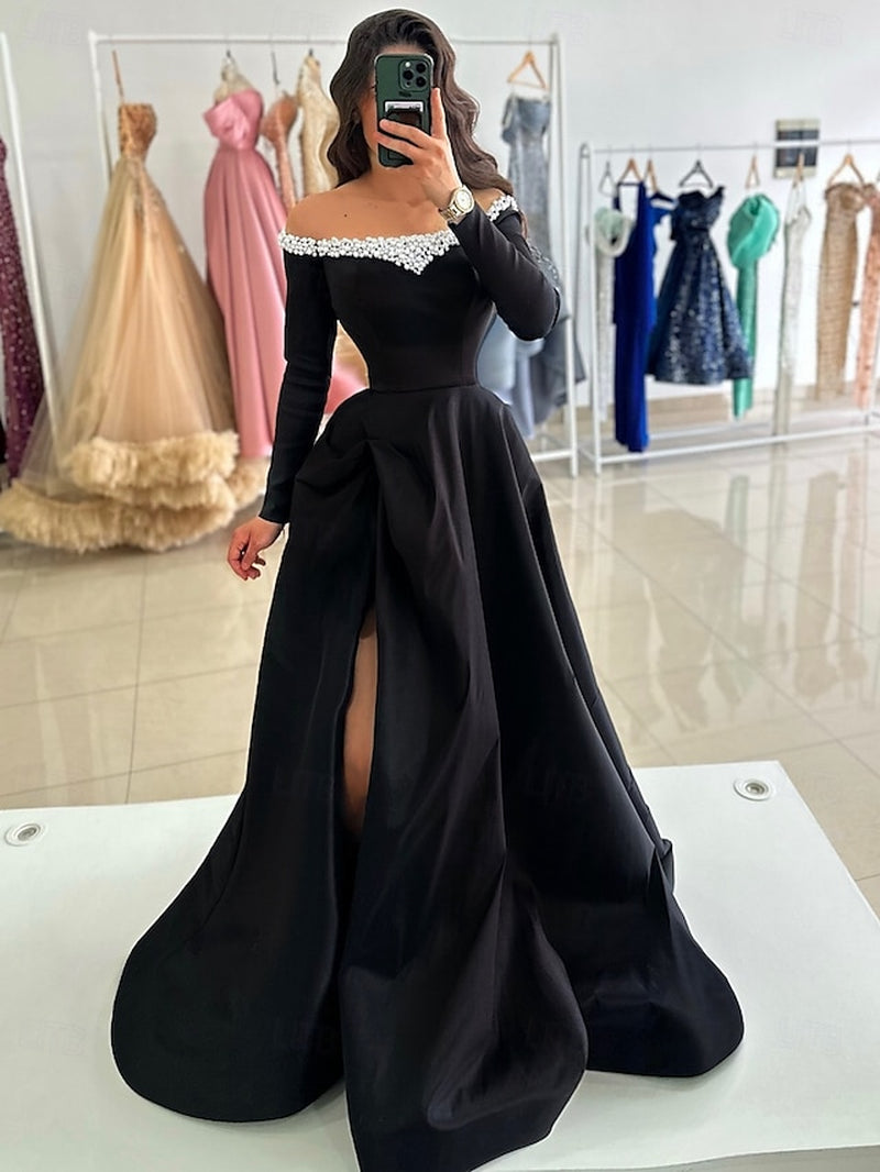 TS A-Line Evening Gown Elegant Dress Formal Floor Length Long Sleeve off Shoulder Pocket Satin with Pearls 2025