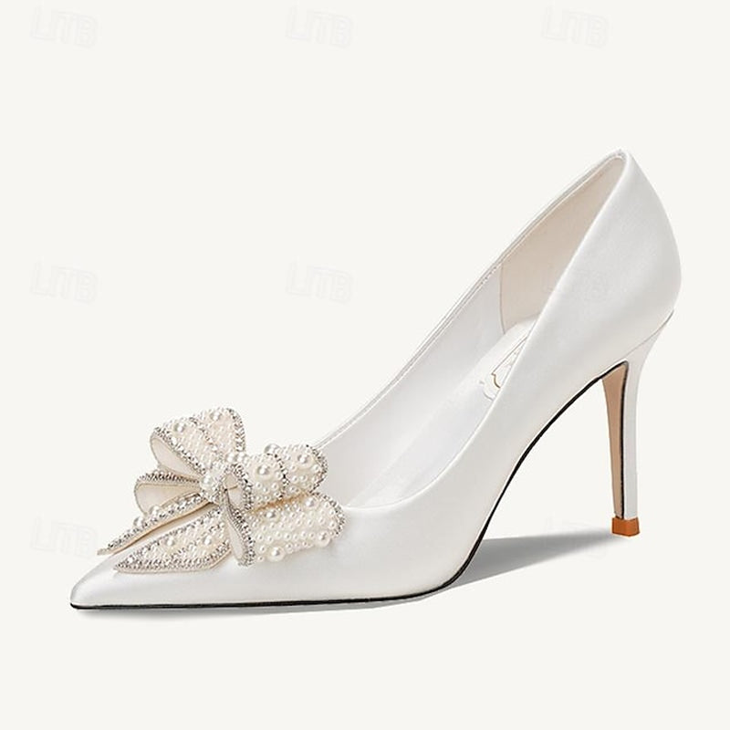 Women'S White Satin Pointed Toe Stiletto Heels with Rhinestone Bow and Pearl Embellishments – Elegant Bridal Wedding Shoes