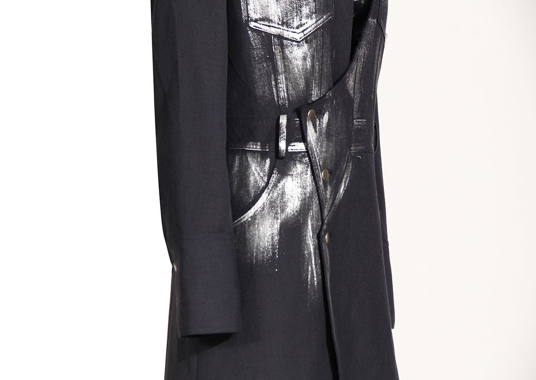 Artistic Silver Brush Trench Coat for Women - Chic Long Blazer with Unique Abstract Design-Slay Eclectic