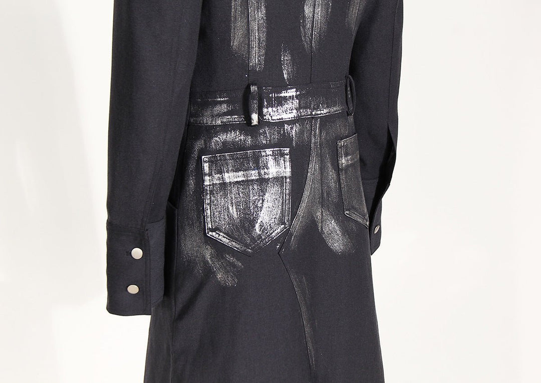 Artistic Silver Brush Trench Coat for Women - Chic Long Blazer with Unique Abstract Design-Slay Eclectic