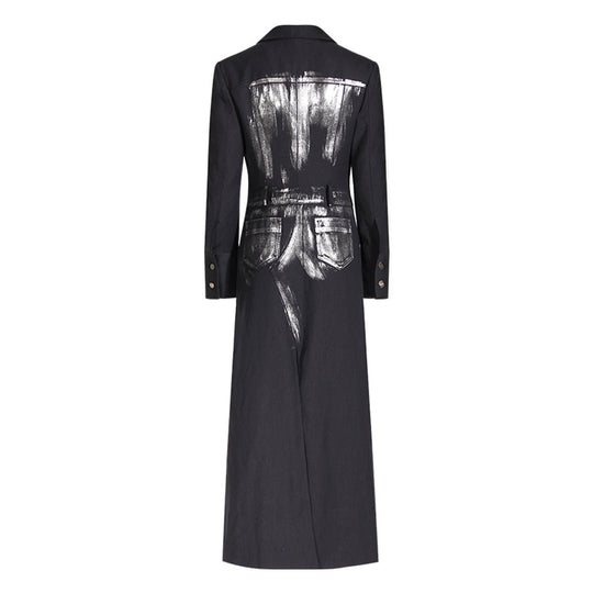 Artistic Silver Brush Trench Coat for Women - Chic Long Blazer with Unique Abstract Design-Slay Eclectic