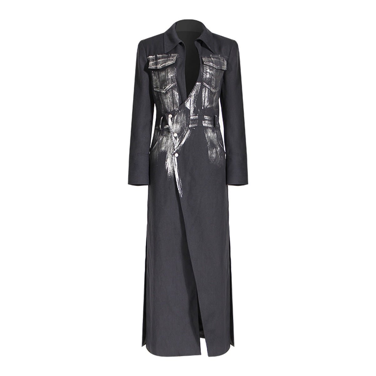 Artistic Silver Brush Trench Coat for Women - Chic Long Blazer with Unique Abstract Design - Slay Eclectic