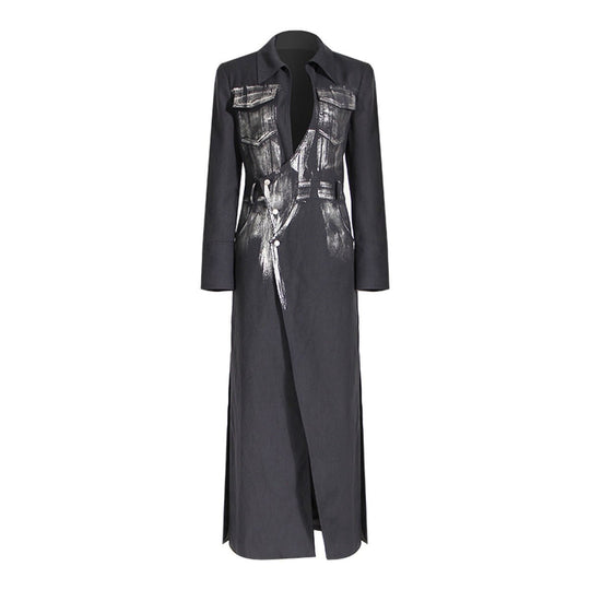 Artistic Silver Brush Trench Coat for Women - Chic Long Blazer with Unique Abstract Design-Slay Eclectic