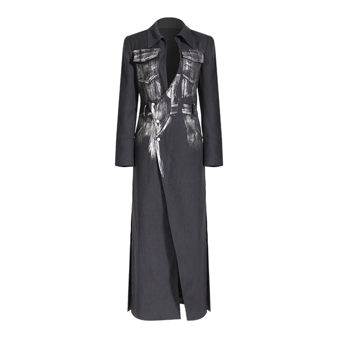 Artistic Silver Brush Trench Coat for Women - Chic Long Blazer with Unique Abstract Design-Slay Eclectic