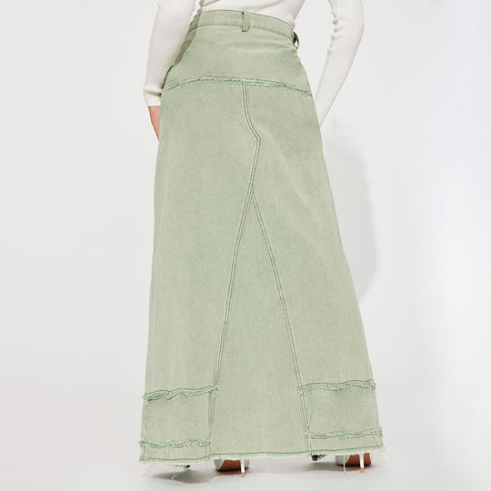 Asymmetric Charm: Women's Washed Contrast Denim Skirt with Frayed Details and Pockets-Slay Eclectic