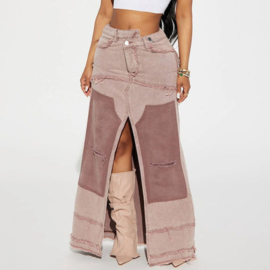 Asymmetric Charm: Women's Washed Contrast Denim Skirt with Frayed Details and Pockets-Slay Eclectic